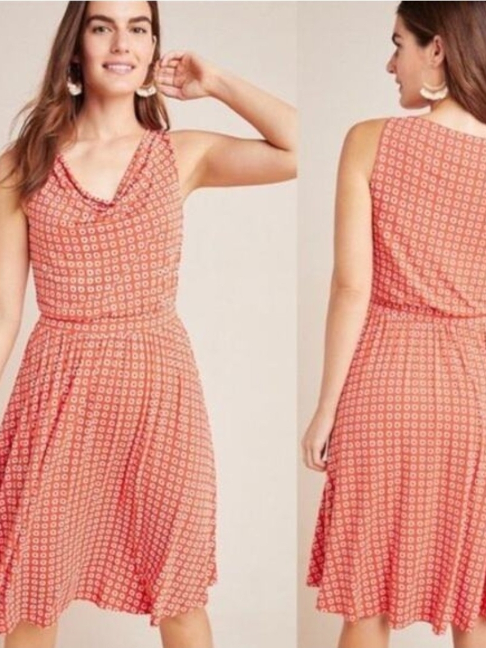 Maeve Coral Printed Cowl-Neck Sleeveless Dress